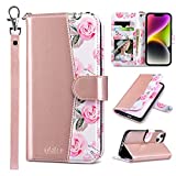 ULAK Compatible with iPhone 14 Wallet Case for Women, PU Leather Floral Flip Cover with Card Holder, Kickstand Feature Protective Purse Case for iPhone 14 6.1 Inch, Rose Gold