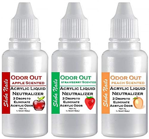 SHEBA NAILS Odor Out Acrylic Liquid Neutralizer - Minimizes Acrylic Liquid Monomer Odor Fruity Scents Trio - 1/2oz (15ml) each Strawberry, Apple and Peach Scents