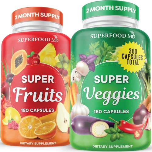 Superfood Fruit and Veggie Supplement - 360 Fruit and Veggie Capsules - Whole Super Fruit and Super Vegetable Supplements & Vitamin, Natures Energy Balance, Soy Free, Vegan- 180 Count (Pack of 2)