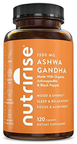 NutriRise Organic Ashwagandha Root Capsules with Black Pepper, 1300mg, Natural Stress & Mood, Thyroid, and Immune Support Supplement, Sleep Aid, Nootropic for Focus & Energy, Gluten Free, 120 Count