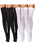 4 Pairs Women's Silk Thigh High Stockings Nylon Socks for Women Halloween Cosplay Costume Party Tights Accessory (Black, White, X-Large)