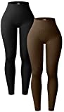 OQQ Women's 2 Piece Yoga Legging Ribbed Seamless Workout High Waist Athletic Pant, Black Coffee, Large