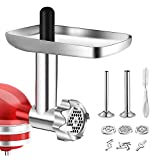 Metal Food Grinder Attachment for KitchenAid Stand Mixers, BQYPOWER Meat Grinder Attachment Included 2 Sausage Stuffer Tubes, 3 Grinding Blades, 3 Grinding Plates