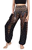 Banjamath Women's Smocked Waist Harem Hippie Boho Yoga Palazzo Casual Pants (M,Peacock Black)