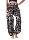 B BANGKOK PANTS Harem Pants Women Boho Clothes with Pockets (Black Elephant, One Size)