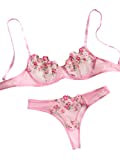 WDIRARA Women's Floral Embroidery Underwire Lingerie Set Mesh Bra and Panty Set Pink S