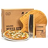 Cuzi Gourmet XL 4-Piece Pizza Stone Set - 15" Thermal Shock Resistant Cordierite Pizza Baking Stone, 22" Natural Bamboo Pizza Peel & Pizza Cutter Rocker - Large Pizza Stone for Grill and Oven