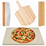 4 PCS Rectangle Pizza Stone Set, 15" Large Pizza Stone for Oven and Grill with Pizza Peel(OAK), Pizza Cutter & 10pcs Cooking Paper for Free, Baking Stone for Pizza, Bread,BBQ