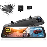 WOLFBOX 12" 4K Rear View Mirror Camera, Smart Full Touch Screen Mirror Dash Cam Front and Rear, Backup Camera with 1080P Rear Camera, Dash Cam with WDR Camera,Night Vision,Free 64GB Card & GPS