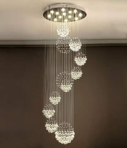 Moooni Modern Large 11 Sphere Spiral Crystal Chandelier Luxury Rain Drop Flush Mount Led Ceiling Light Fixture for Entryway Foyer Staircase D 31.5" x H 86.6"-13 Lights