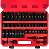 AMM 3/8" Drive Impact Socket Set, 48-Piece Standard SAE (5/16 to 3/4 inch) and Metric (8-22mm) Size, 3" and 6" Drive Extension Bar, Impact Universal Joint, 3/8" to 1/2" Impact Adaptor, CR-V