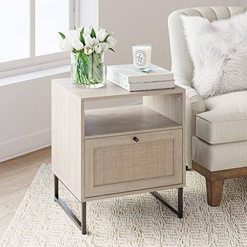 Nathan James Mina Side, End Table Wood Finish & Matte Accents with Storage for Living Room or Nightstand, Bedroom, Natural Oak/Black