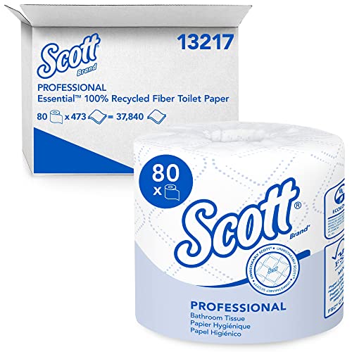 Scott Professional 100% Recycled Fiber Standard Roll Toilet Paper (13217), with Elevated Design, 2-Ply, White, Individually wrapped rolls, 473 Count (Pack of 80), Total 37,840 Sheets