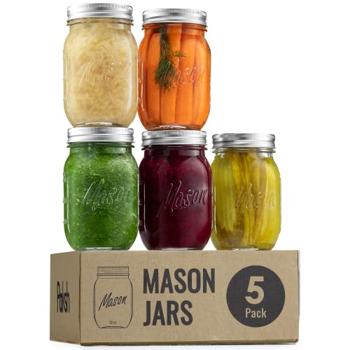 Paksh Novelty Mason Jars 16 oz - 5-Pack Regular Mouth Glass Jars with Lid & Seal Bands - Airtight Container for Pickling, Canning, Candles, Home Decor, Overnight Oats, Fruit Preserves, Jam or Jelly