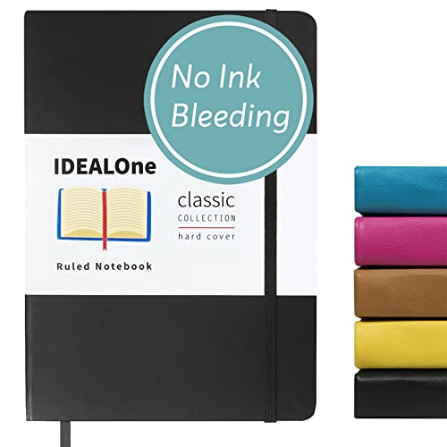 IDEALOne Journal Notebook Lined Classic Hardcover  For Work, Home, School, 5.7 x 8 inches, 160 pages, 100GSM Thick Paper, with Elastic Band Closure and Ribbon Bookmark, Black