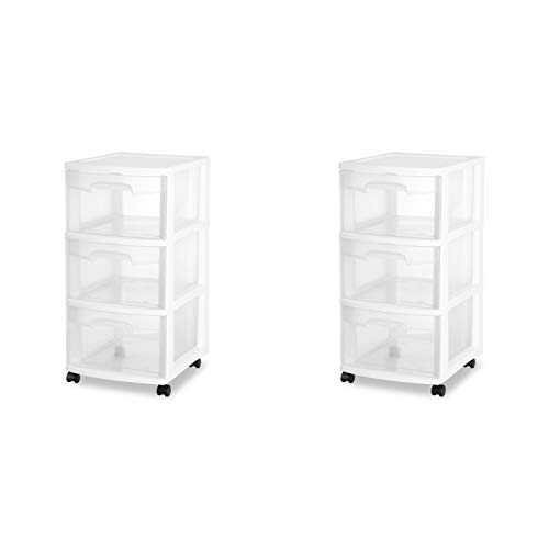 Sterilite 28308002 3 Drawer Cart, White Frame with Clear Drawers and Black Casters, 2-Pack