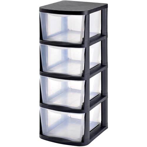 Juggernaut Storage 4 Drawer Storage Tower, Black Frame with Clear Drawers, RDT4