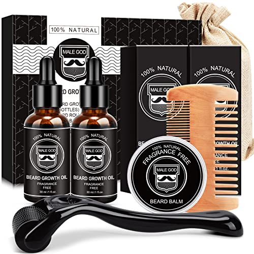 MALE GOD Beard Growth Kit - Beard Kit with Beard Growth Oil(2 Pack), Beard Massager, Beard Balm, Beard Comb, Beard Growth Products for Patchy Beard - Fathers Day - Gifts for Men Husband Boyfriend Dad