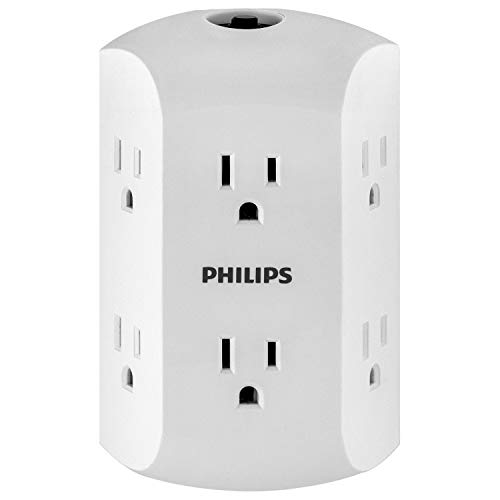 Philips Accessories 6-Outlet Extender, Resettable Circuit Breaker, Adapter Spaced Outlets, 3-Prong, Side Access, Grounded Wall Tap, Quick and Easy Install, White, SPS1460WA/37