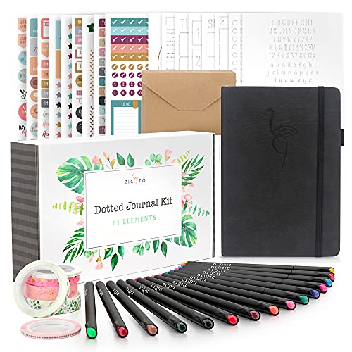 ZICOTO Ultimate All-in-One Journaling Kit - Incl. Dotted Journal, Stencils, Stickers, Pens, Washi Tapes, Small Envelopes and More Bullet Checklist Supplies