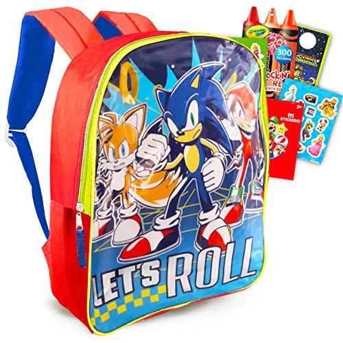 Sonic Toys Sonic the Hedgehog Backpack for Kids - 15'' Sonic Backpack Bundle with Super Mario Stickers, Crayola Stickers, and More (Sonic Backpack for Boys)