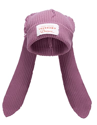 Beanie Hats for Women Cute Bunny Solid Color Knit Winter Cap Rabbit Knit Long Hair Holloween Cosplay Hat Warm Skull Cap Purple