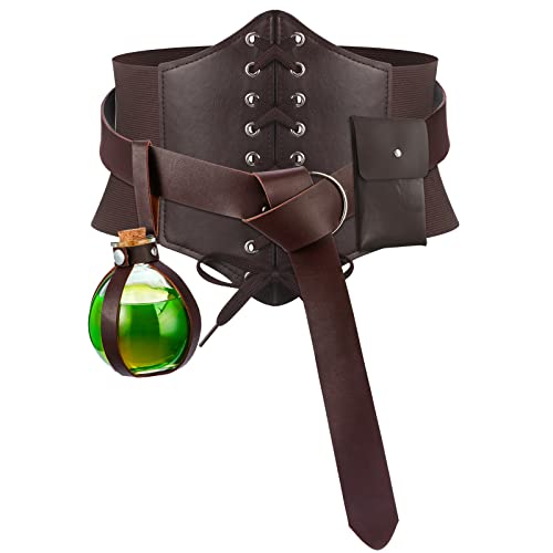 Halloween Cork Potion Bottle Round Spherical Glass Bottle with Medieval Knight Leather Belt Corset Waist Belt Rustic Leather Waist Pouch for Men Women Halloween Costume Props DIY Crafts