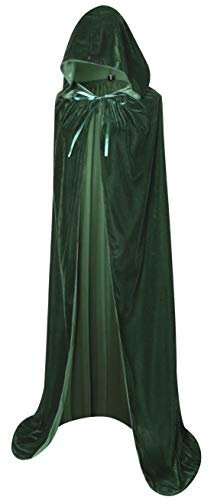 BIGXIAN Full Length Hooded Velvet Cloak Halloween Christmas Fancy Cape Costumes 59" (Dark Green)