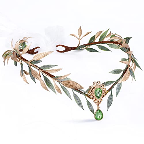 MOSTORY Fairy Leaf Rhinestone Headband - Handmade Elf Princess Headpiece Forest Wedding Flower Crown for Women Girls Reneaissance Halloween Cosplay Costume Hair Accessories Photo Props, Green & Gold