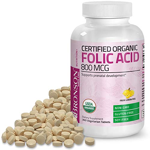 Bronson Organic Folic Acid (Vitamin B9 Folate) 800 mcg Natural Folate from Lemon Peel 360 Tablets