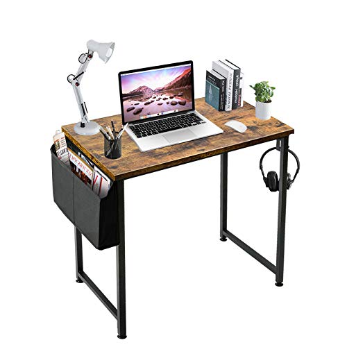 Lufeiya Small Computer Desk Study Table for Small Spaces Home Office 31 Inch Rustic Student Laptop PC Writing Desks with Storage Bag Headphone Hook,Brown