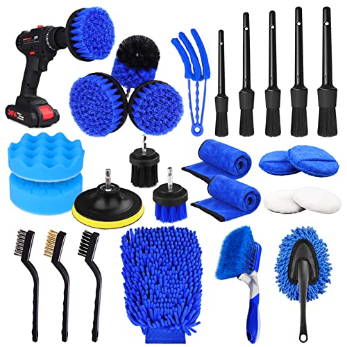 26Pcs Car Detailing Brush Set, Car Detailing Kit, Auto Detailing Drill Brush Set, Car Detailing Brushes, Car Buffing Sponge Pads Kit,Car Accessories,Car Cleaning Tools Kit for Interior,Exterior,Wheels