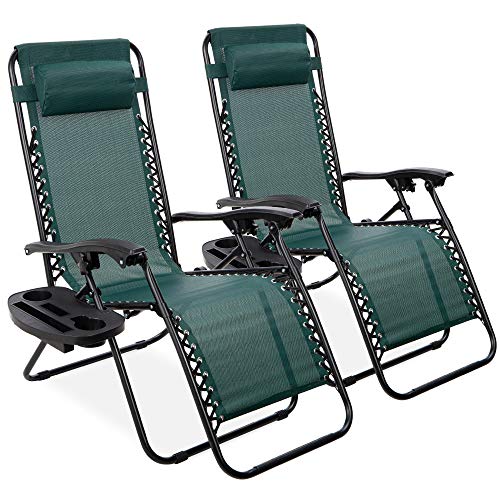Best Choice Products Set of 2 Adjustable Steel Mesh Zero Gravity Lounge Chair Recliners w/Pillows and Cup Holder Trays, Forest Green