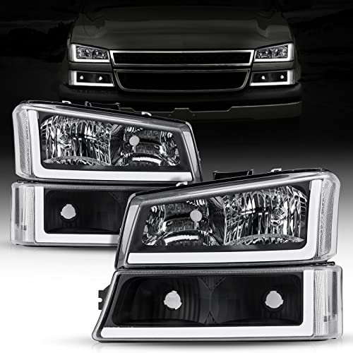 SEALIGHT LED DRL Headlight Assembly Fit for 2003 2004 2005 2006 Silverad-o, Headlamp Replacement Pair with Daytime Running Light Black Housing Clear Lens