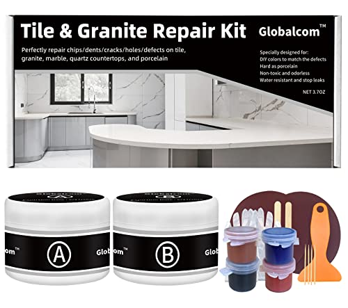 Globalcom Tile and Granite/Marble Repair Kit, Porcelain Stone and Quartz Countertops Repair Kit for Chips Dents Cracks Holes Scratchs, Fix Chipped Edges Corners, Reattaches Missing Pieces