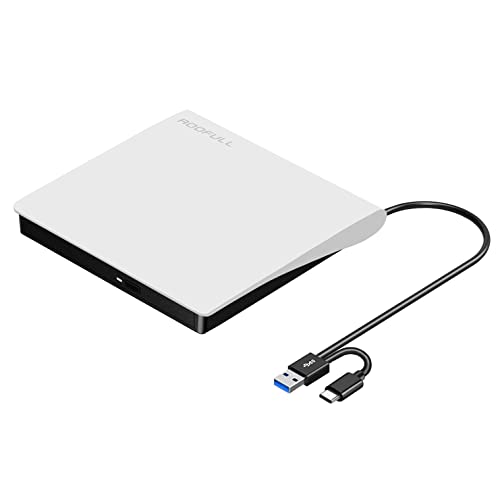 ROOFULL External CD DVD Drive USB 3.0 & USB-C, Portable CD DVD ROM +/-RW Optical Disc Drive Player Reader Writer Burner for Apple Mac MacBook Pro/Air, iMac, Laptop Computer Windows 11/10/8/7, White