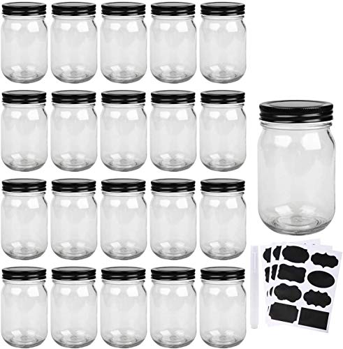 Mason Jars,Glass Jars With Lids 12 oz,Canning Jars For Pickles And Kitchen Storage,Wide Mouth Spice Jars With Black Lids For Honey,Caviar,Herb,Jelly,Jams,Set of 20