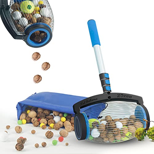 Zozen Nut Gatherer, Walnut Picker Upper Roller - Side Opening Dump | Apply to Pinecone, Hickory Nuts, Chestnuts, Buckeyes, Nerf Balls, Golf, Crab Apple Objects 1'' to 2-1/2''; 55 inch, 1.5 Gallon