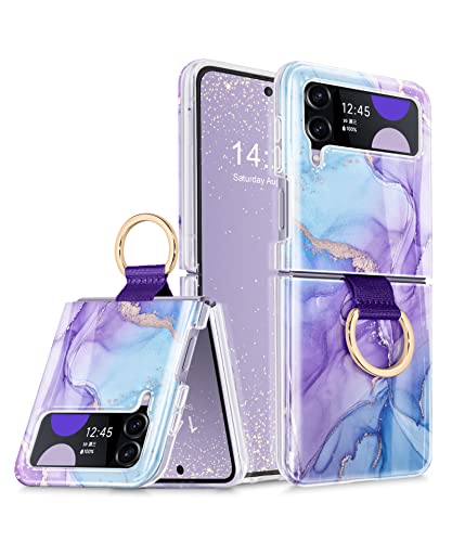 Marble Case for Galaxy Z Flip 4 Case with Ring, Wireless Charging Anti-Scratch Shockproof Case for Samsung Z Flip 4 5G. (Blue Purple)