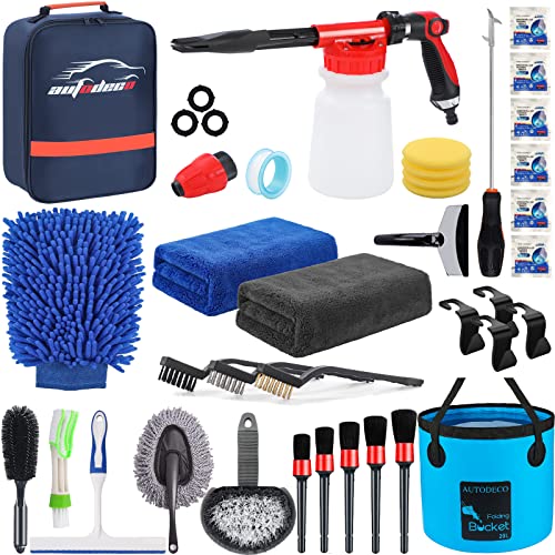 AUTODECO 35Pcs Car Wash Cleaning Kit with Foam Gun Sprayer Blue Canvas Bag Collapsible Bucket Wash Mitt Sponge Towels Tire Brush Window Scraper Duster Complete Interior Exterior Car Detailing Set