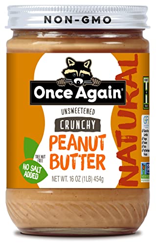 Once Again Natural, Crunchy Peanut Butter, 16oz - Salt Free, Unsweetened - Gluten Free Certified, Vegan, Kosher, Non-GMO Verified - Glass Jar