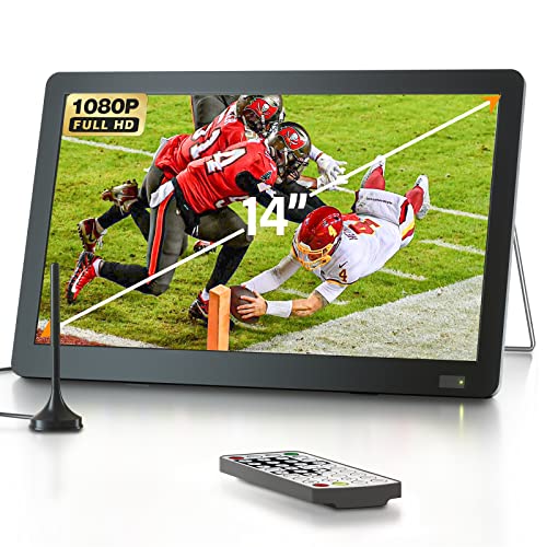 14 inch Portable TV with Antenna, DESOBRY Portable Smart TV with ATSC Tuner, Rechargeable Battery Operated Mini TV LCD Monitor 1080P,Built-in TV Stand,HDMI Input,USB,AV In,Supports Camping,Kitchen,Car