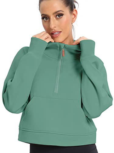 POGTMM Women Spring Outfits Cropped Zip Up Hoodie Women Workout Hooded 1/2 Pullover Long Sleeve Sports Scuba Half Zip Hoodie Sweatshirt Pullover Sweater Jacket with Thumb Hole (Grass Green, Medium)