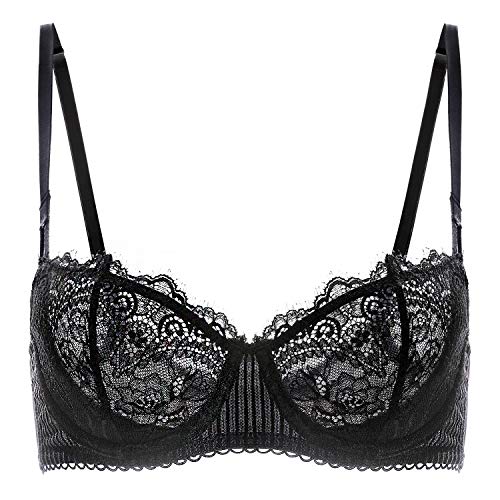 DOBREVA Women's Sexy Lace Push Up Plus Size Bra Sheer Balconette Underwire Unlined Black_Eyelash lace 36C