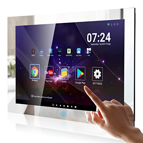 Haocrown 27 Inch Waterproof Bathroom TV Smart Mirror Touch Screen Android 11 Television, 500 cd/ Hight Brightness Full HD 1080P Built-in 2.4G/5G Wi-Fi Bluetooth ATSC Tuner (8+64GB, 2023)