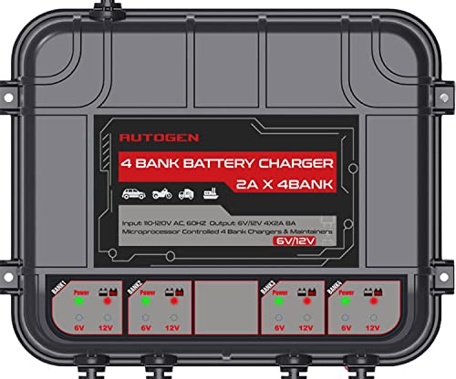 AUTOGEN 4-Bank Marine Battery Charger, 8-Amp (2-Amp Per Bank) Smart Battery Trickle Charger Maintainer, 6V & 12V Onboard Battery Charger and Battery Maintainer
