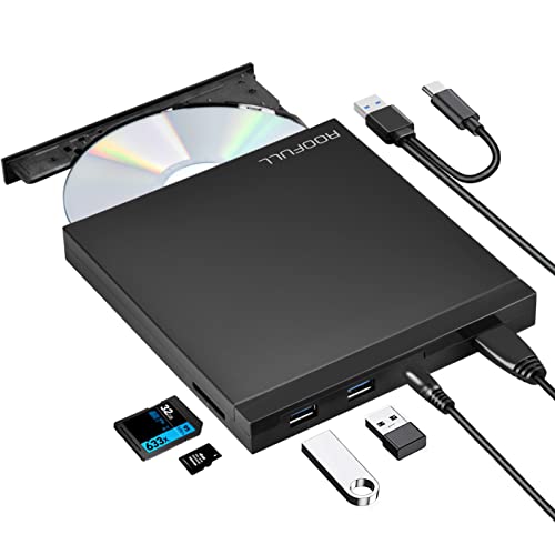 ROOFULL External CD DVD +/-RW Drive with SD Card Reader and USB Ports, USB 3.0 Type-C DVD CD ROM Disk Drive Player Burner Rewriter Portable for Laptop Mac PC Windows 11/10/8/7 MacBook Pro/Air Computer