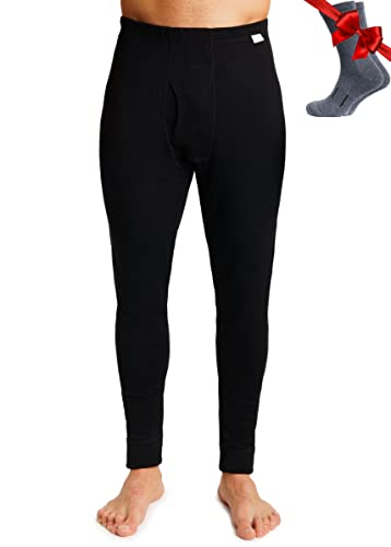 Merino Wool Men's Base Layer Pants  100% Organic Wool Midweight Thermal Pants + Hiking Wool Socks (Medium, Black 250)