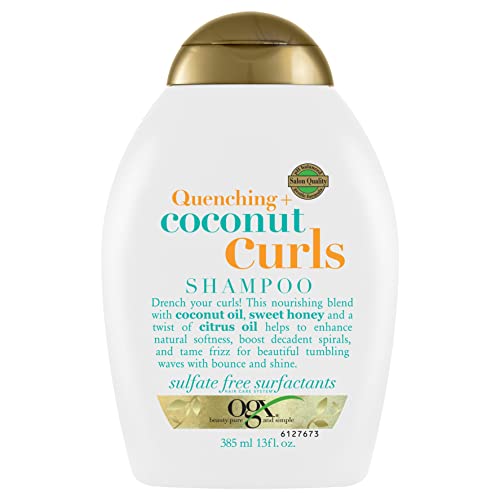 OGX Quenching + Coconut, Curl-Defining Shampoo, Hydrating & Nourishing Curly Hair Shampoo with Coconut Oil, Citrus Oil & Honey, Paraben, Sulfate-Free Surfactants, 13 floz