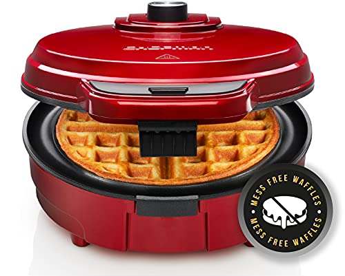 Chefman Anti-Overflow Belgian Waffle Maker w/Shade Selector, Temperature Control Mess Free Moat, Round Iron w/Nonstick Plates & Cool Touch Handle, Measuring Cup Included, Red